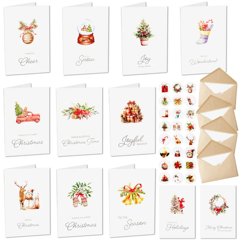 24 PCS White Christmas Cards with Envelopes and Stickers