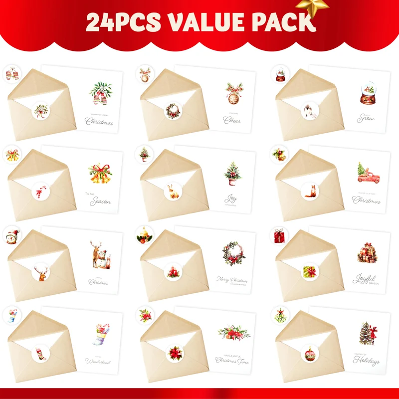 24 PCS White Christmas Cards with Envelopes and Stickers