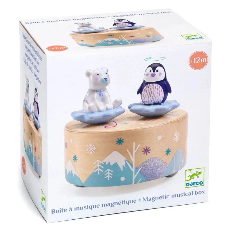Djeco Musikuhr Eisbär & Pinguin – Magnetische Holzspieluhr mit Mozart-Melodie