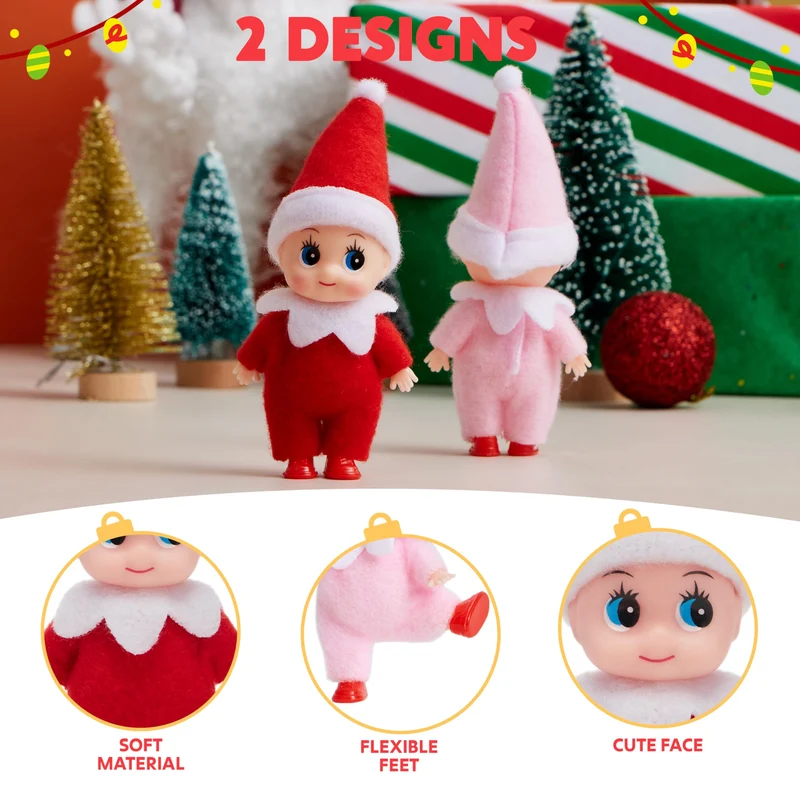 2PCS Christmas Tiny Elf Plush Doll, Red Pink