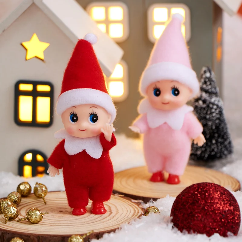 2PCS Christmas Tiny Elf Plush Doll, Red Pink