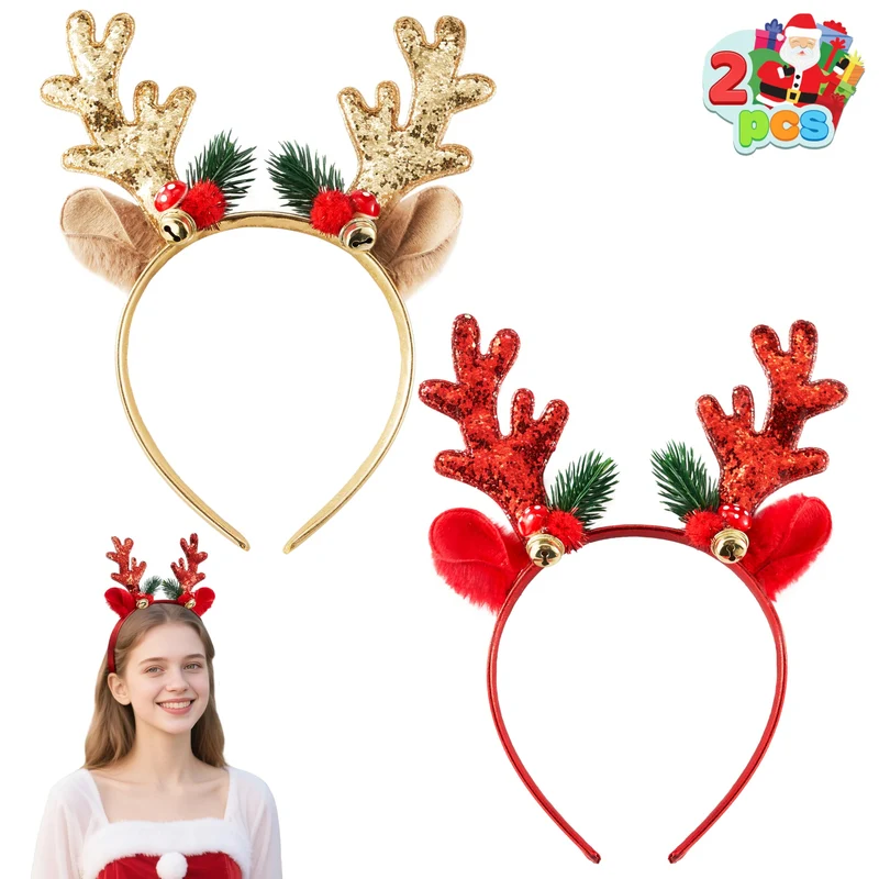 2 Pcs Golden & Red Reindeer Headbands with Glitters