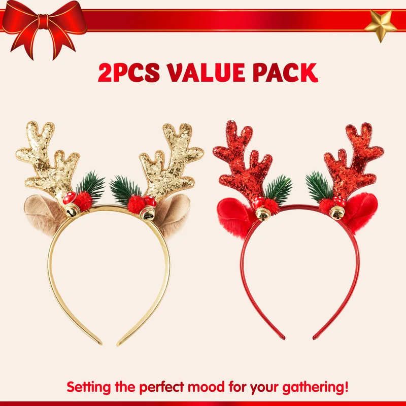 2 Pcs Golden & Red Reindeer Headbands with Glitters