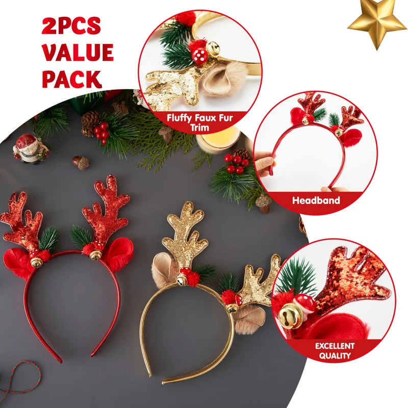 2 Pcs Golden & Red Reindeer Headbands with Glitters