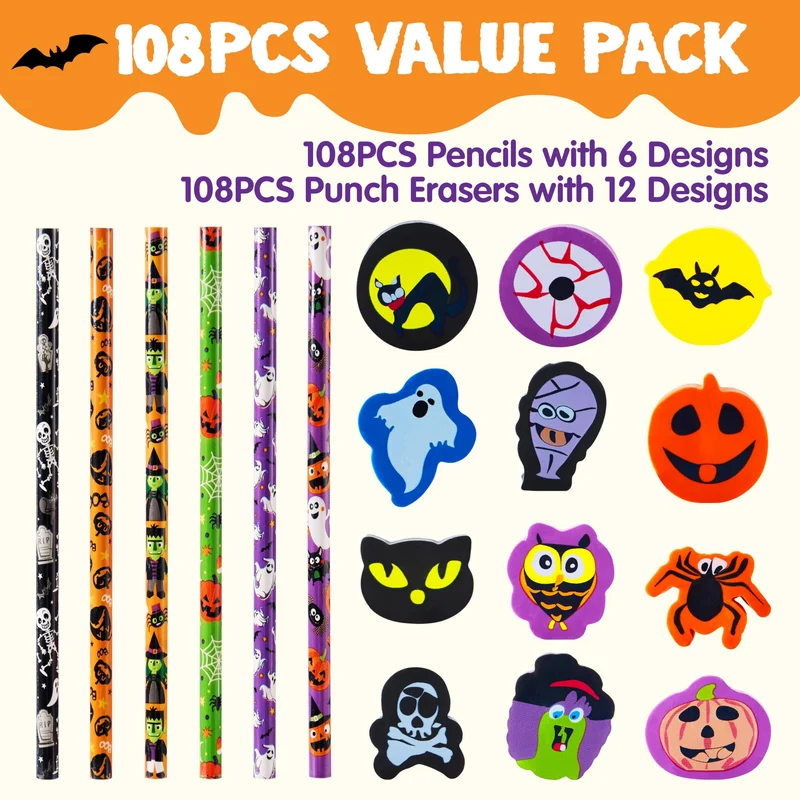 108PCS Halloween Pencils with Erasers Stationery Set