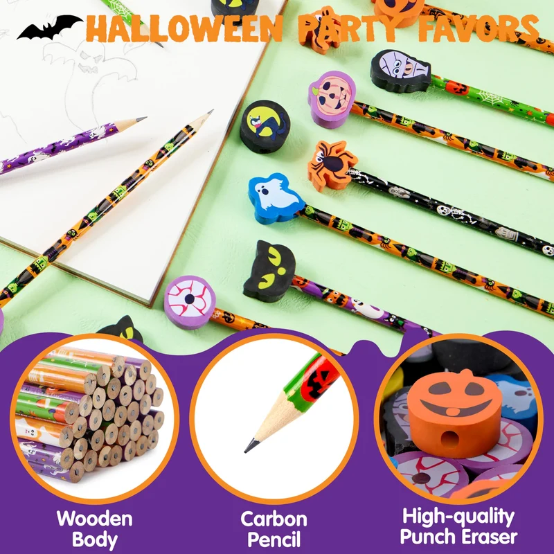 108PCS Halloween Pencils with Erasers Stationery Set
