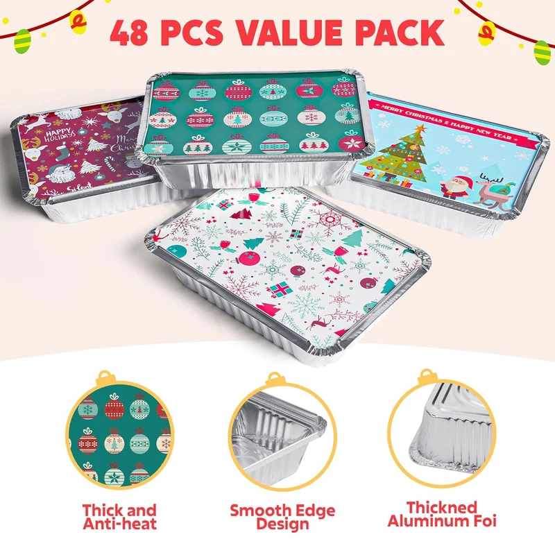 48 Pieces Christmas Foil Containers with Lids (8.5"x6"x2" Rectangular)