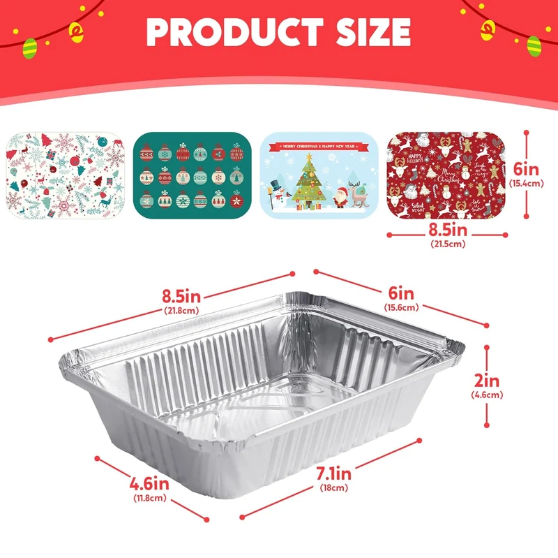 48 Pieces Christmas Foil Containers with Lids (8.5"x6"x2" Rectangular)