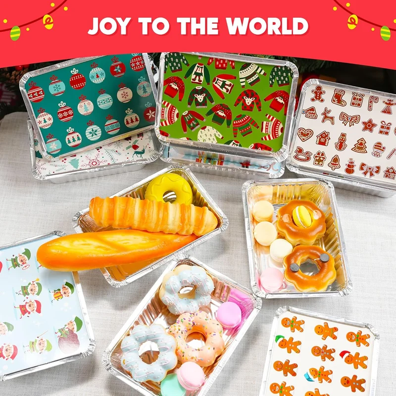 48 Pieces Christmas Foil Containers with Lids (8.5"x6"x2" Rectangular)