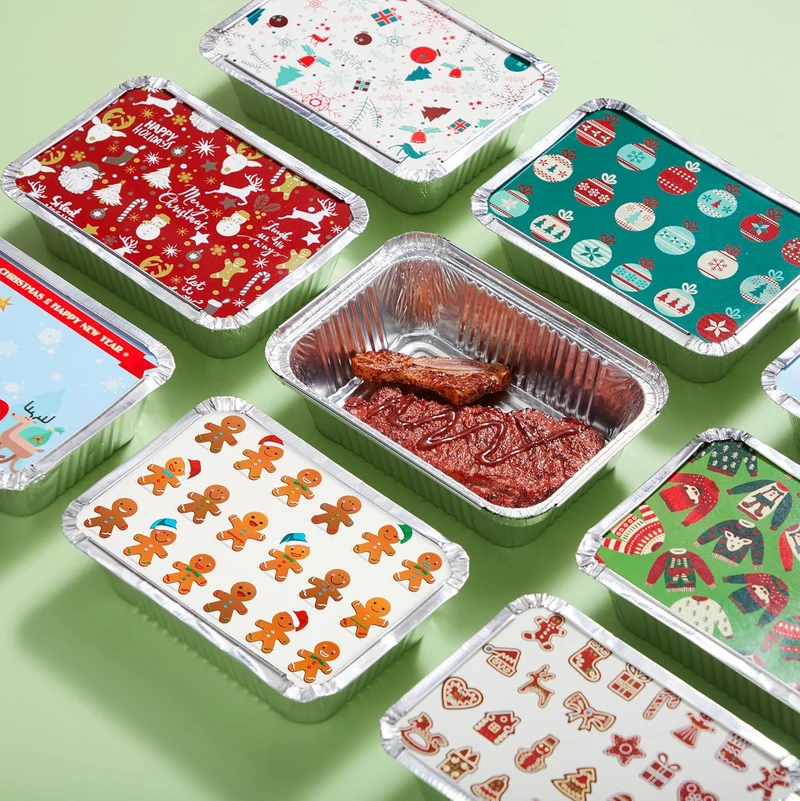 48 Pieces Christmas Foil Containers with Lids (8.5"x6"x2" Rectangular)