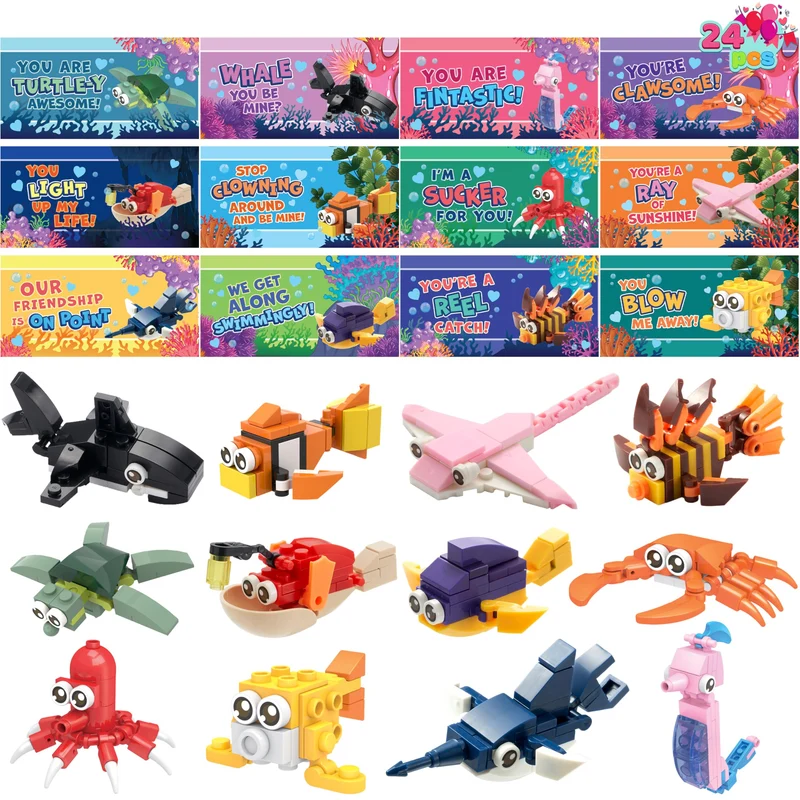 24 Packs Valentines Day Cards with Ocean Animal Building Block for Party Gifts