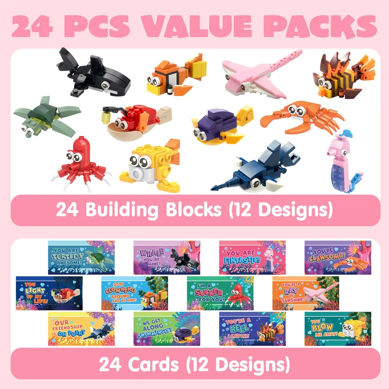 24 Packs Valentines Day Cards with Ocean Animal Building Block for Party Gifts