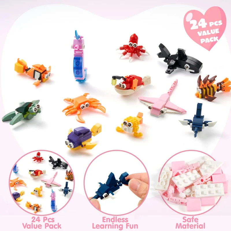 24 Packs Valentines Day Cards with Ocean Animal Building Block for Party Gifts