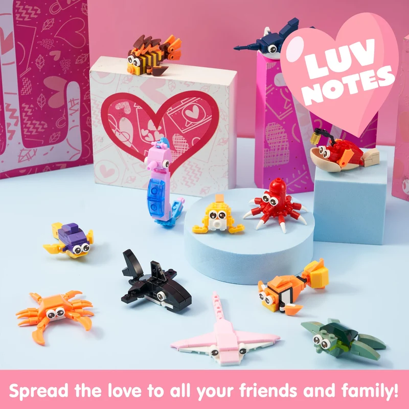24 Packs Valentines Day Cards with Ocean Animal Building Block for Party Gifts