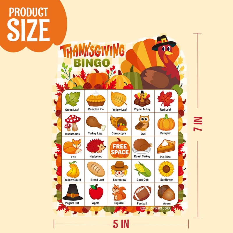 30 PCS Thanksgiving Bingo Game Cards for Kids Family Activities