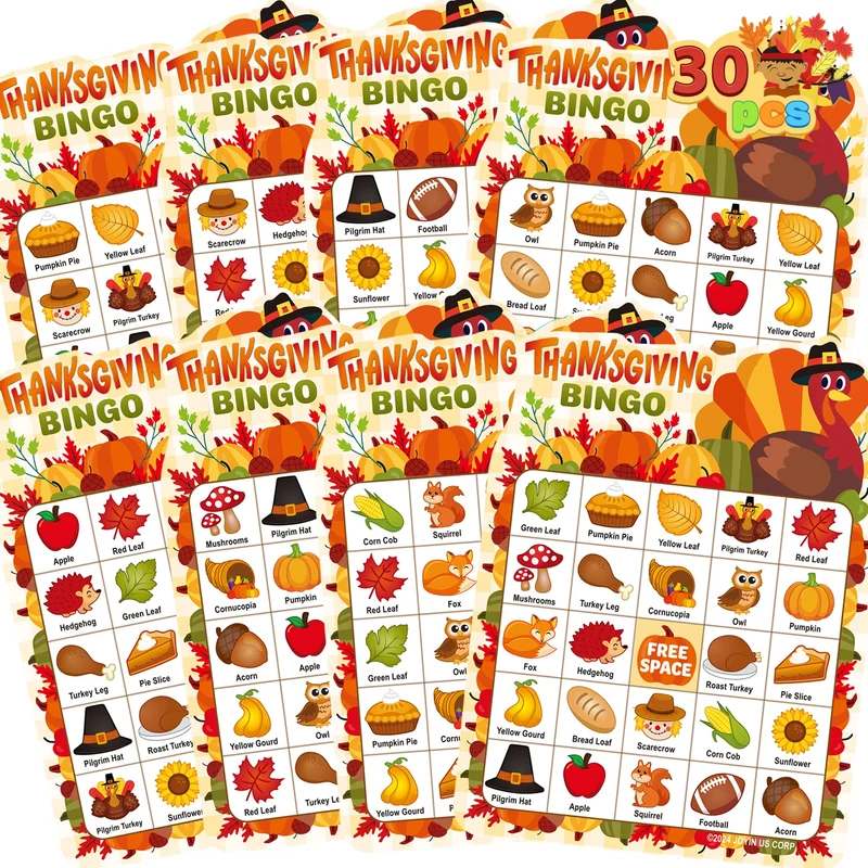 30 PCS Thanksgiving Bingo Game Cards for Kids Family Activities