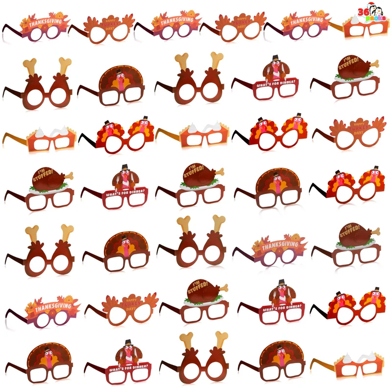 36 Pack Thanksgiving Turkey Eyeglasses, Turkey Eyewear Photo Props for Kids