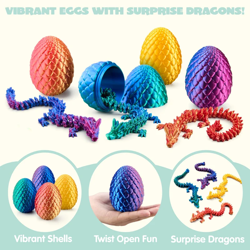 4 Pcs 3D Printed Dragon Eggs with Laser Dragon, Cool Articulated Toys for Kids