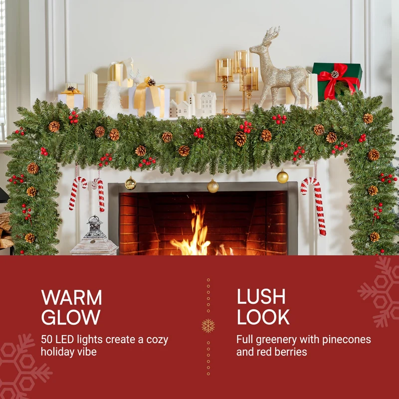 9FT Artificial Christmas Garland with Pine Cones and Red Berries