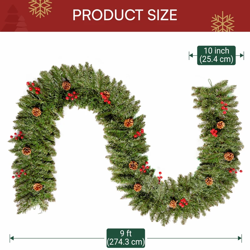 9FT Artificial Christmas Garland with Pine Cones and Red Berries