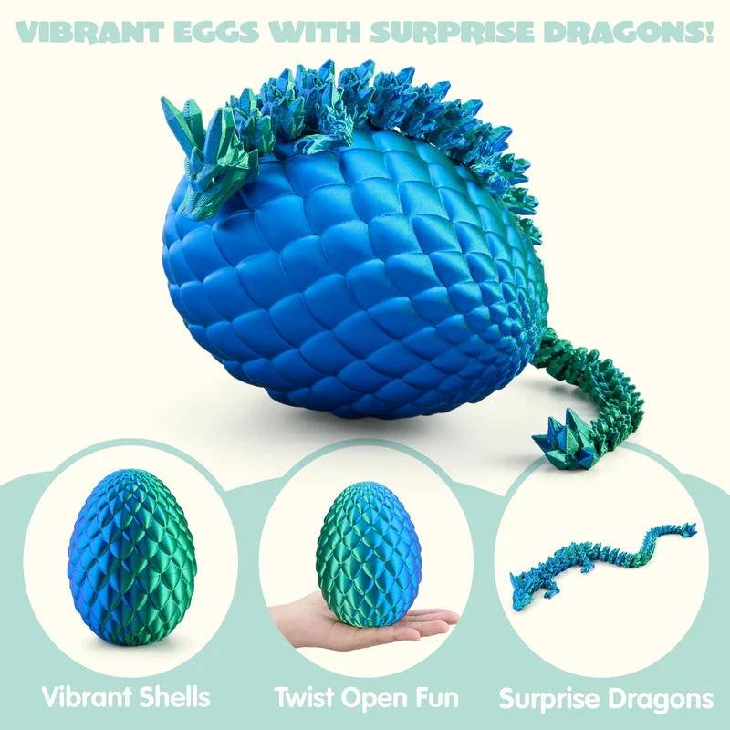 3D Printed Dragon Egg with 12" Laser Blue-Green Dragon Inside