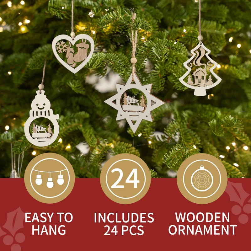 24 Pcs Christmas Wooden Carved Hanging Ornaments for Christmas Decor