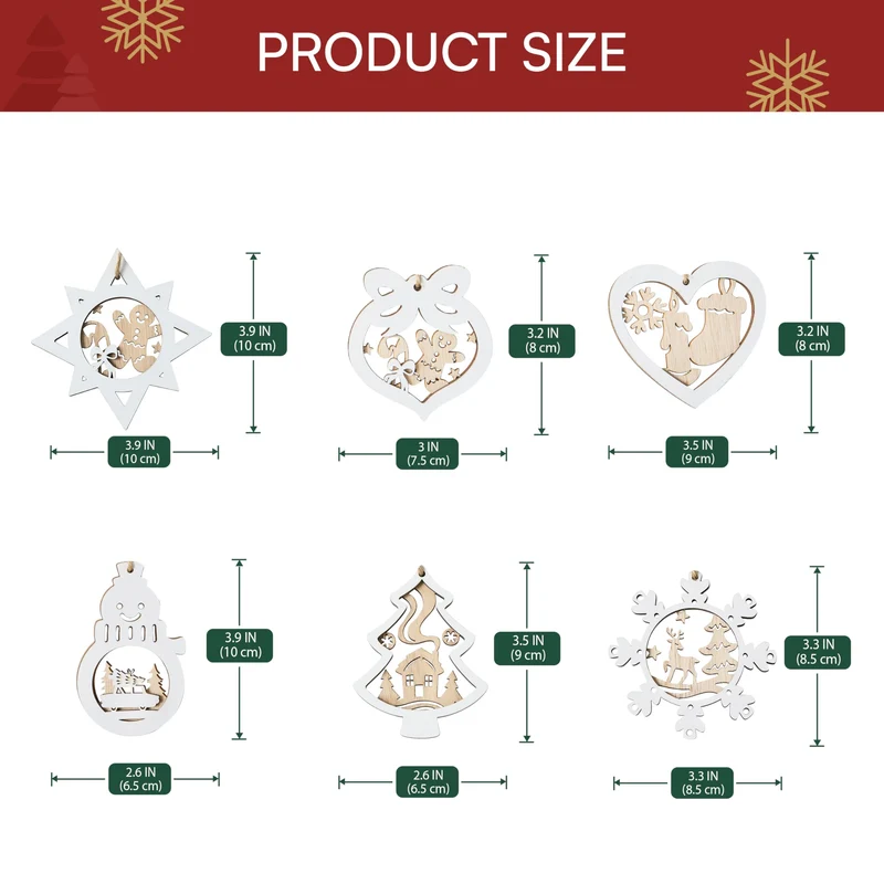 24 Pcs Christmas Wooden Carved Hanging Ornaments for Christmas Decor
