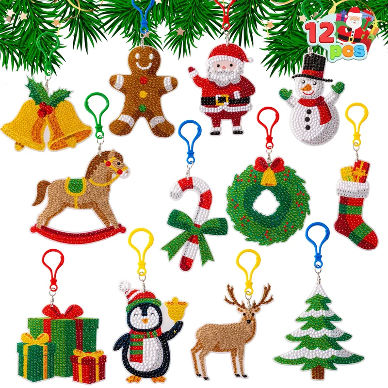 12 Pcs Christmas Diamond Art Ornaments Kit, 5D DIY Craft with Keychains for Kids