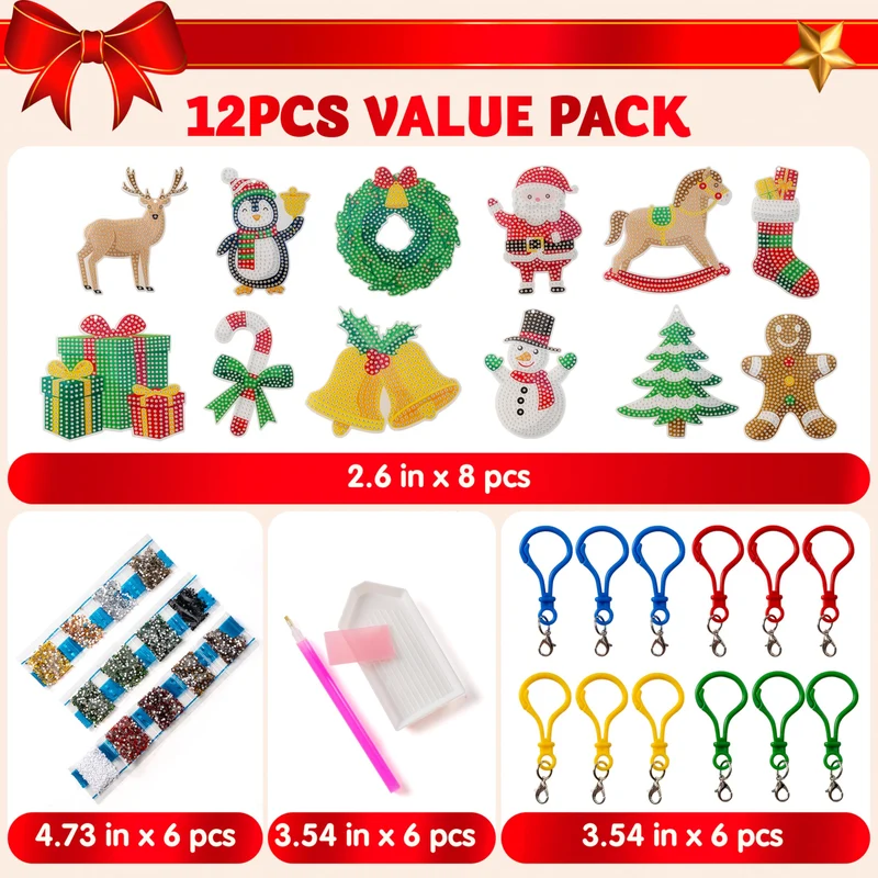 12 Pcs Christmas Diamond Art Ornaments Kit, 5D DIY Craft with Keychains for Kids
