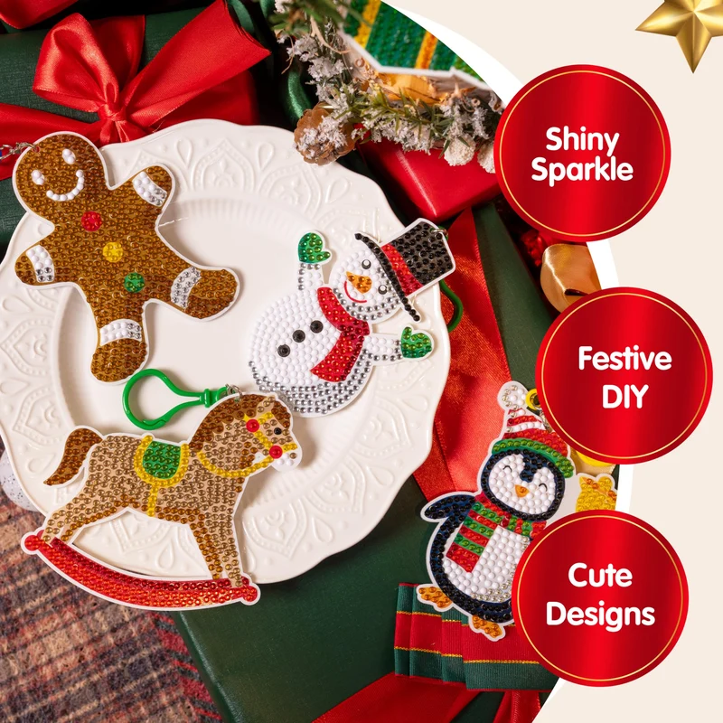 12 Pcs Christmas Diamond Art Ornaments Kit, 5D DIY Craft with Keychains for Kids