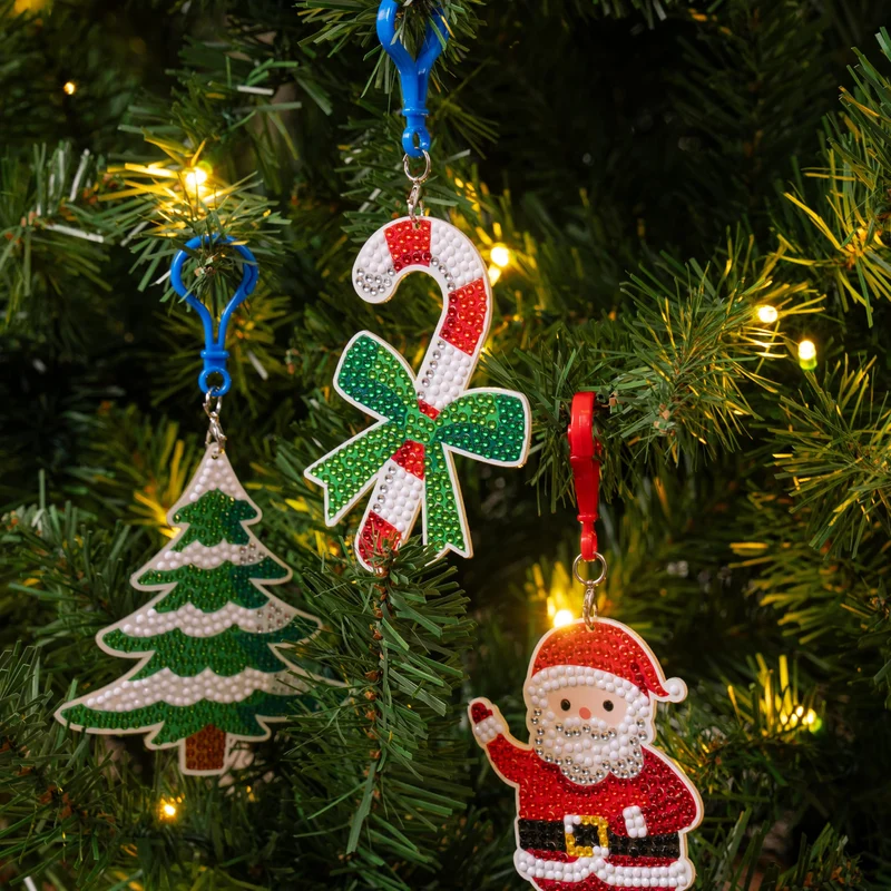 12 Pcs Christmas Diamond Art Ornaments Kit, 5D DIY Craft with Keychains for Kids