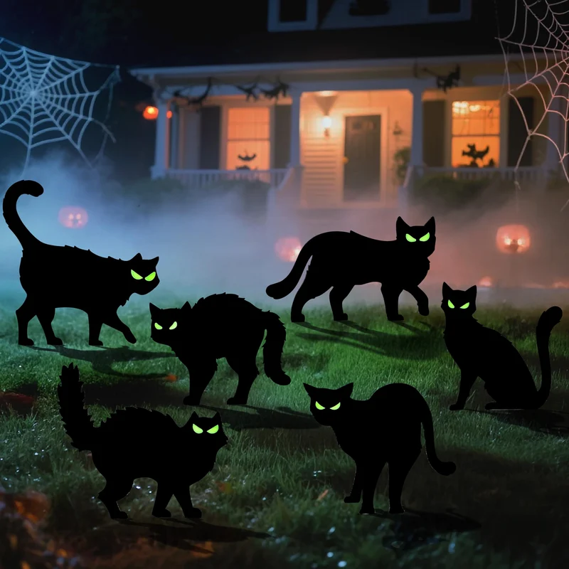 6 Pcs Halloween Black Cat Yard Signs with Glow in Dark Eyes