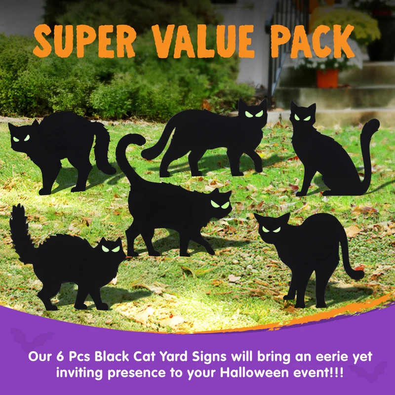 6 Pcs Halloween Black Cat Yard Signs with Glow in Dark Eyes