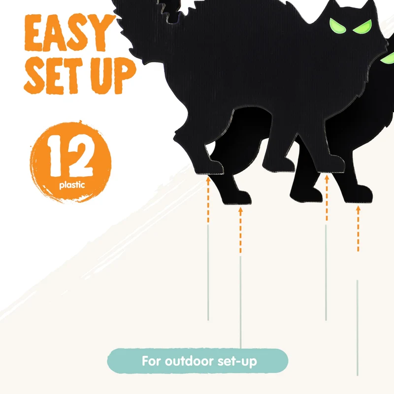 6 Pcs Halloween Black Cat Yard Signs with Glow in Dark Eyes