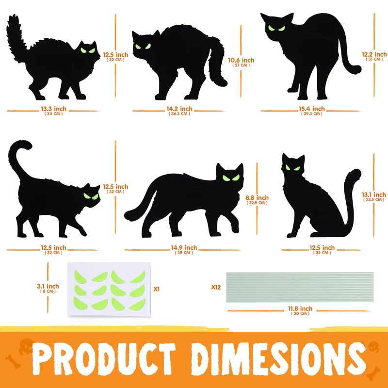 6 Pcs Halloween Black Cat Yard Signs with Glow in Dark Eyes