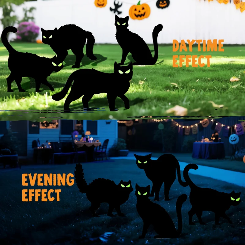 6 Pcs Halloween Black Cat Yard Signs with Glow in Dark Eyes