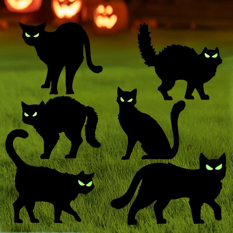 6 Pcs Halloween Black Cat Yard Signs with Glow in Dark Eyes