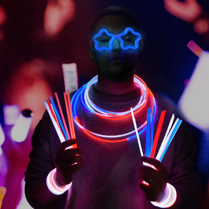 JOYIN 99 PCS July 4th Patriotic Glow Sticks Bracelets Necklaces Glasses, Glow in The Dark Party Supplies, Light Up Party Favors for Kids Adults, Blue White Red LED Accessories for Independence Day