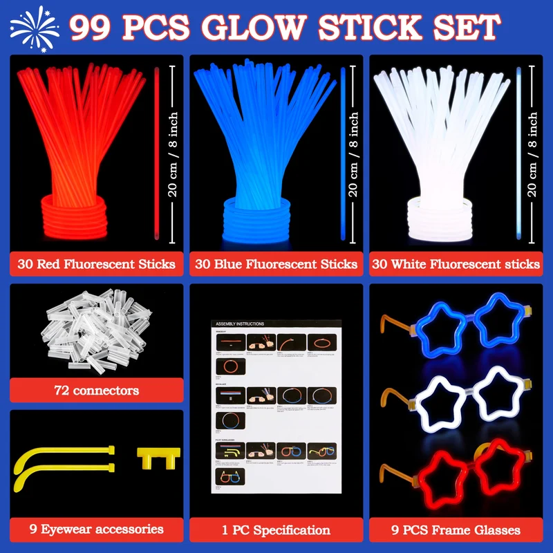 JOYIN 99 PCS July 4th Patriotic Glow Sticks Bracelets Necklaces Glasses, Glow in The Dark Party Supplies, Light Up Party Favors for Kids Adults, Blue White Red LED Accessories for Independence Day