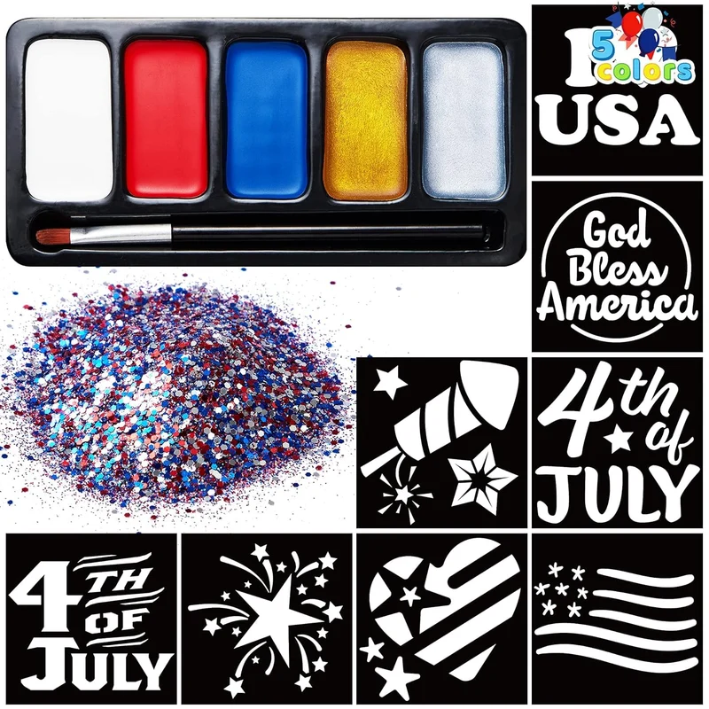 JOYIN 5 Colors Patriotic Face Body Paint Kit with Glitter and 16 Pcs Stencils Sticker for Kids, 4th of July Face Paint Red White Blue Make Up for Independence Day, Memorial Day Party, Veterans Day