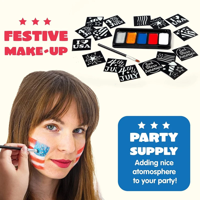 JOYIN 5 Colors Patriotic Face Body Paint Kit with Glitter and 16 Pcs Stencils Sticker for Kids, 4th of July Face Paint Red White Blue Make Up for Independence Day, Memorial Day Party, Veterans Day