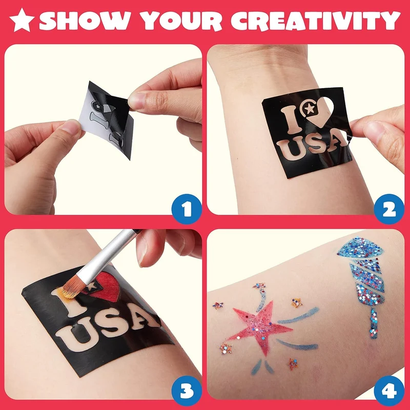 JOYIN 5 Colors Patriotic Face Body Paint Kit with Glitter and 16 Pcs Stencils Sticker for Kids, 4th of July Face Paint Red White Blue Make Up for Independence Day, Memorial Day Party, Veterans Day