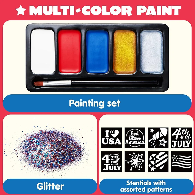 JOYIN 5 Colors Patriotic Face Body Paint Kit with Glitter and 16 Pcs Stencils Sticker for Kids, 4th of July Face Paint Red White Blue Make Up for Independence Day, Memorial Day Party, Veterans Day