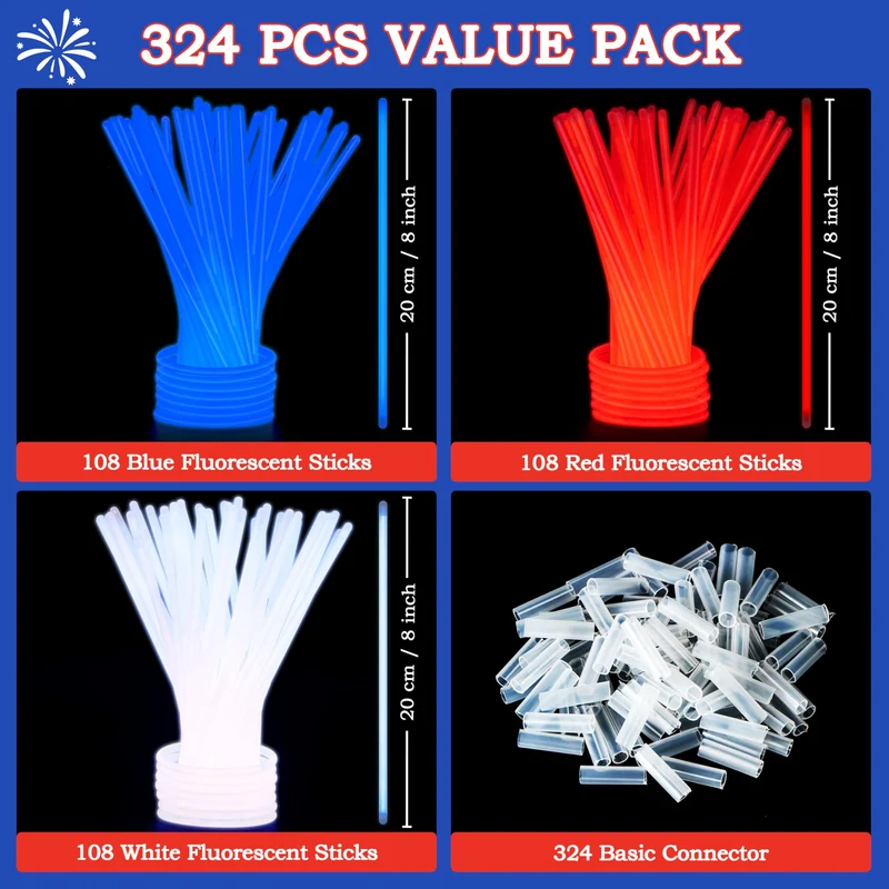 JOYIN 324 Pcs 4th of July Glow Sticks with Connectors, 8" Red White Blue Glow in the Dark Bracelets Necklaces for Kids Adults, Patriotic Light Up Toys for Independence Day Party Favor Accessory Supply