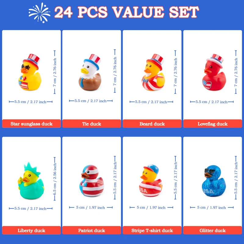JOYIN 24 Pcs Patriotic Rubber Ducks, 2.6" Toys, 8 Designs