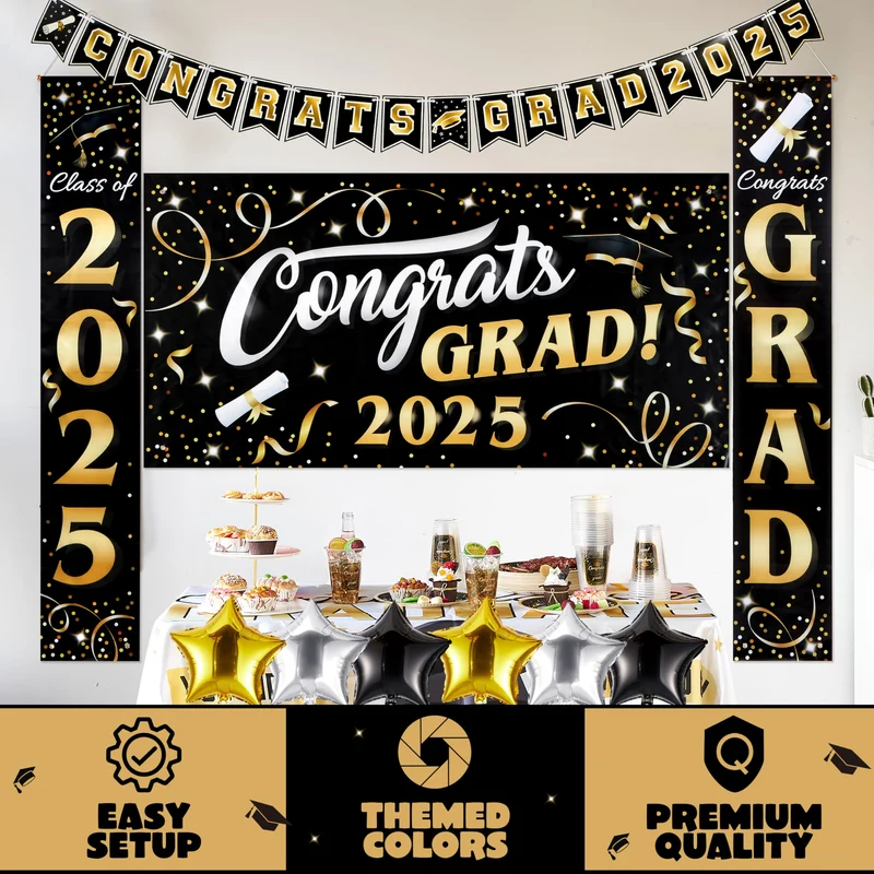 JOYIN Graduation Party Decorations Class of 2025, Black & Gold Grad Celebration Supplies Set with Backdrop Banner, Porch Sign, Balloons, Foil Number 2025, Hanging Strip for High School College Grad