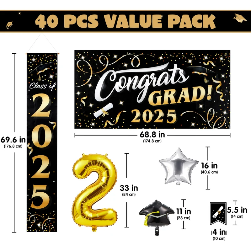 JOYIN Graduation Party Decorations Class of 2025, Black & Gold Grad Celebration Supplies Set with Backdrop Banner, Porch Sign, Balloons, Foil Number 2025, Hanging Strip for High School College Grad