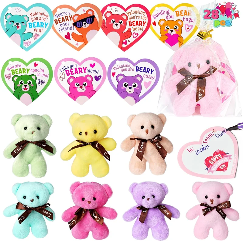 28 Pack Valentines Day Gift Cards with Bear Plush Toys