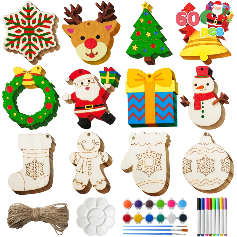 60 Pcs Christmas Wooden Hanging Ornaments Craft Kits