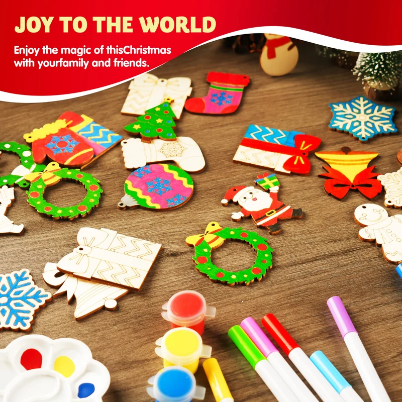 60 Pcs Christmas Wooden Hanging Ornaments Craft Kits